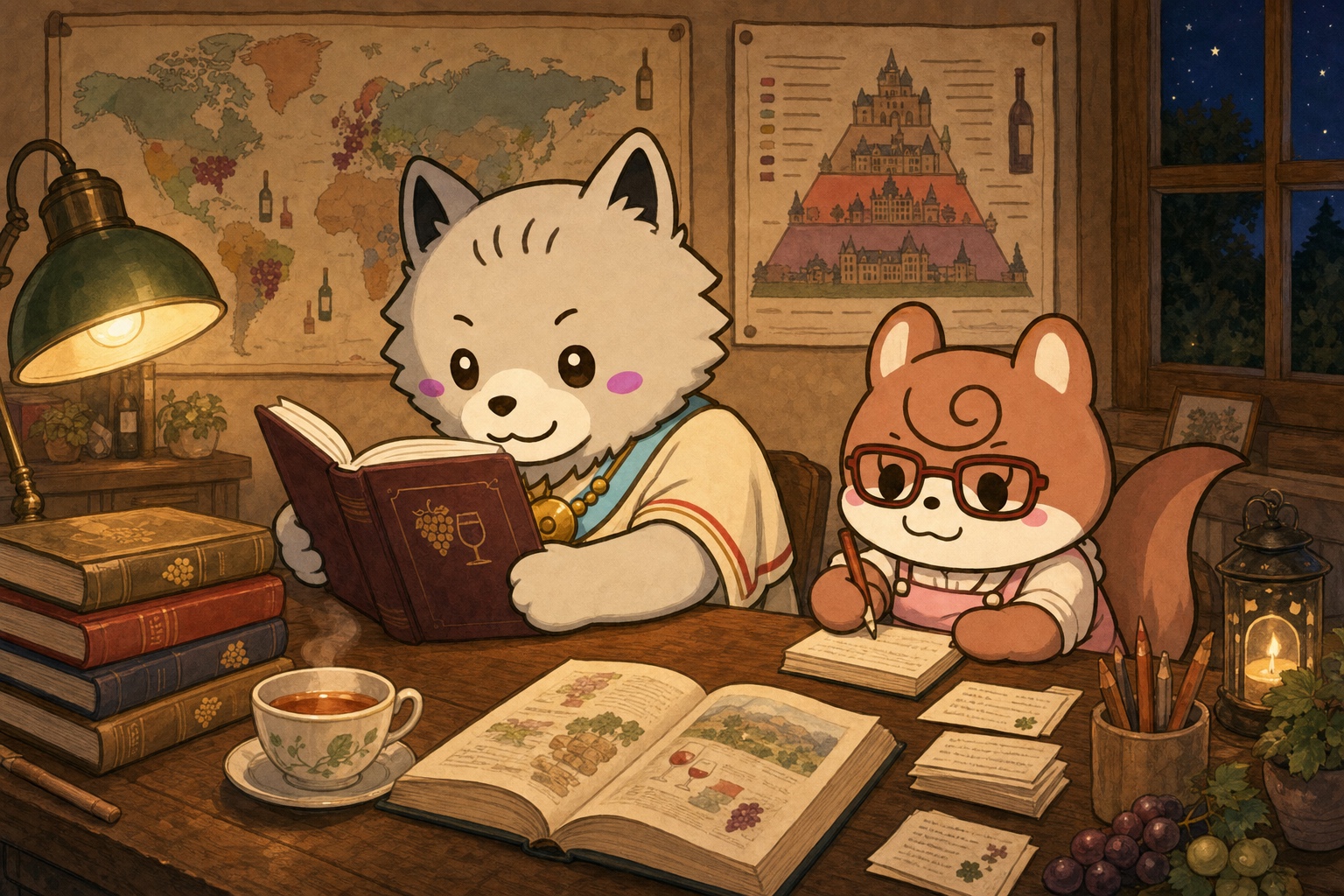 夜の書斎でワイン教本を開いて勉強するローマとカプリ