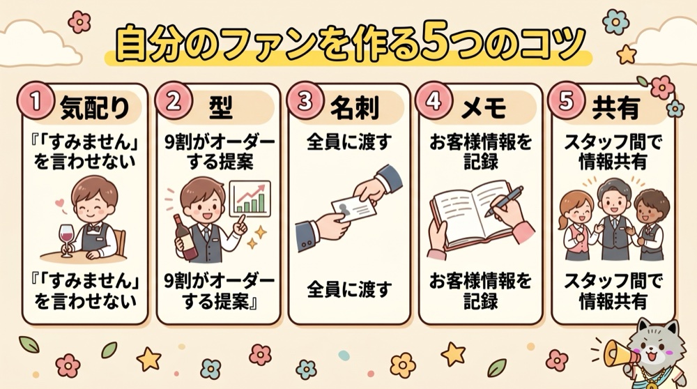 飲食店で自分のファンを作る5つの接客のコツ|気配り・型・名刺・メモ・共有の一覧図