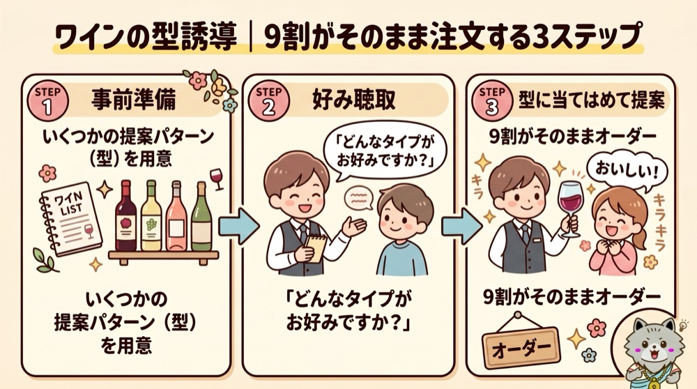 ワインのオーダーで9割が採用する「型」への誘導フロー図