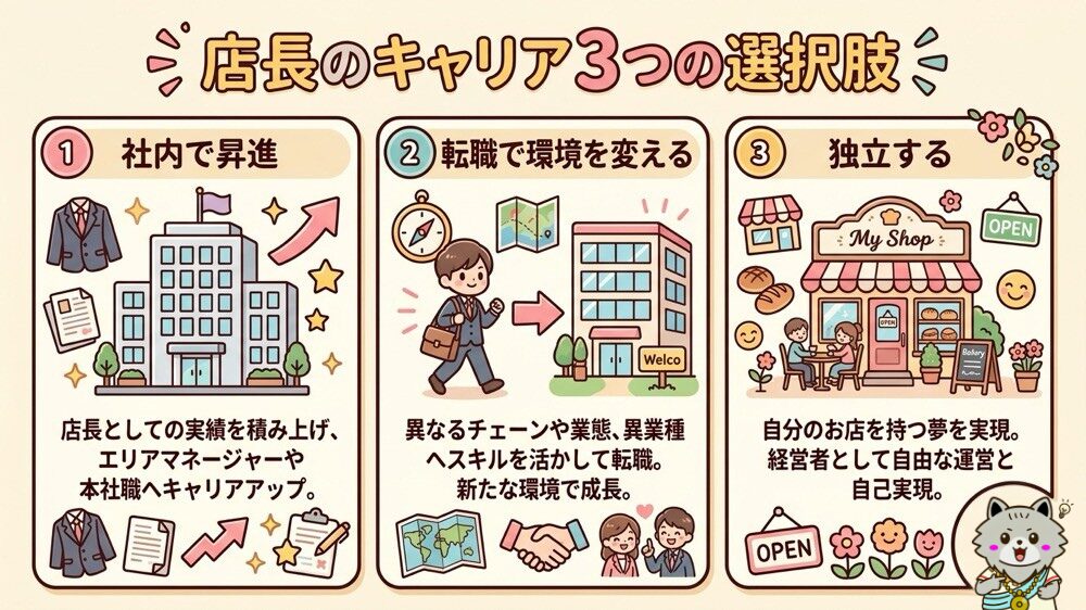 飲食店の店長のキャリア3つの選択肢|社内昇進・転職・独立の比較図
